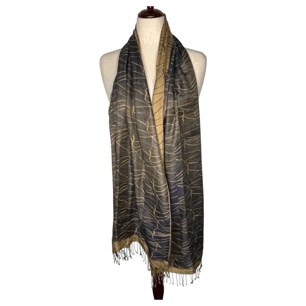 Neeru Kumar 100% Silk Scarf Handloomed 21x76 Kantha Rectangle Fringe Gold Black